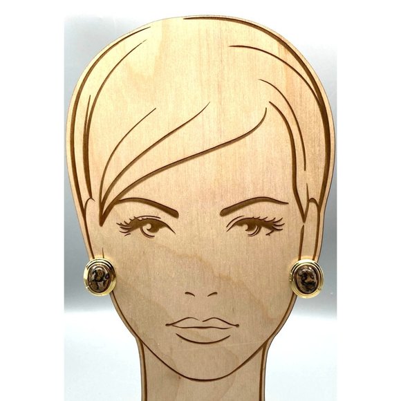 Ocean Jasper Oval Cabochon Earrings in Tiered Gold Tone Frames, Vintage Clip On - Picture 3 of 5